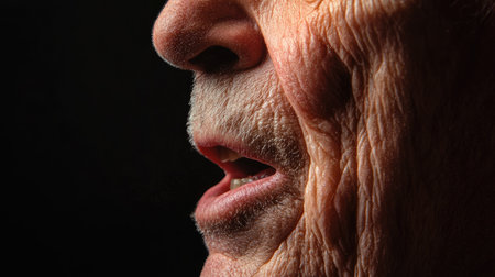 The detailed folds of skin around the mouth of an elderly man while speaking.の素材