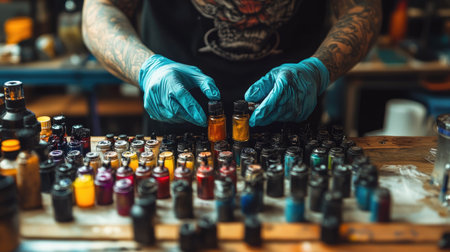 Tattoo artist's hands wearing gloves, carefully arranging colorful ink bottles and caps on a workbenchの素材