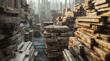 Stacks of long, narrow wooden planks stretching into the distance in a lumberyard.の素材