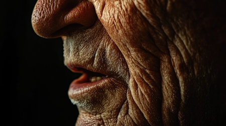 The detailed folds of skin around the mouth of an elderly man while speaking.の素材