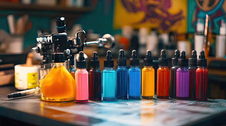 Tattoo ink bottles in different colors arranged next to a tattoo machine on a prepared workspaceの素材