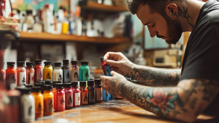 Tattoo artist aligning ink bottles, ensuring the caps are properly filled and organizedの素材