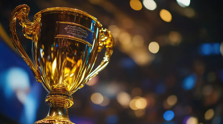 A close-up of a champion's golden trophy, engraved with a nameplate, against a blurred background.の素材