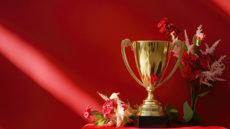 A champion's golden trophy cup standing on a red velvet table with a bouquet of flowers beside it.の素材