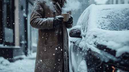 A man in a long winter coat holding a steaming cup of tea while standing next to a snow-covered car.の素材