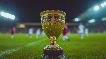 A soccer field with a golden trophy cup in focus, and players in the background celebrating.の素材