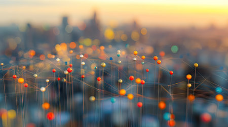 A network of pins on a transparent board with a blurred cityscape visible in the background.の素材