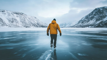 A man in a warm winter jacket enjoying ice skating on a frozen lake surrounded by mountains.の素材