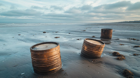 Several wooden cable drums scattered around a beach at low tide with distant waves.の素材