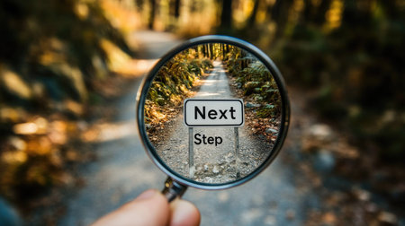 Magnifying glass zooming in on a road sign labeled Next Step on a blurry pathwayの素材