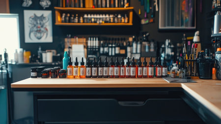 Clean and organized workspace showing tattoo ink bottles labeled and aligned for easy accessの素材