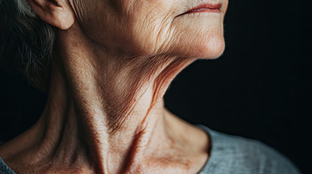 The natural lines and folds of aging skin on an older woman's neck and chest.の素材