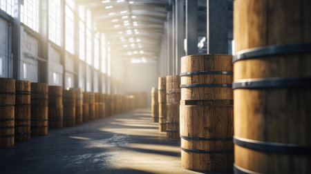 Wooden cable drums placed in a warehouse, with sunlight streaming through high windows.の素材