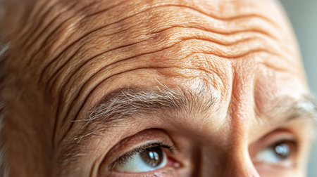 The natural creases on an elderly man's forehead as he looks thoughtful.の素材