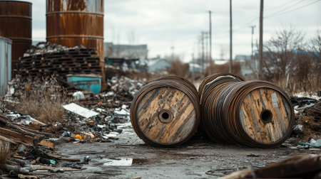 Wooden cable drums stacked in a junkyard with piles of scrap and debris.の素材