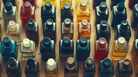 Vibrant display of open ink bottles with their caps ready for use, arranged symmetricallyの素材