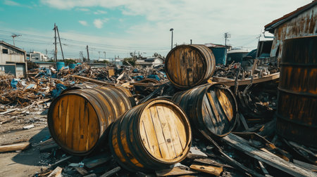 Wooden cable drums stacked in a junkyard with piles of scrap and debris.の素材