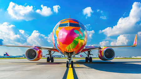 A brightly painted airplane parked at an airport runway, showcasing vibrant colors under a sunny skyの素材