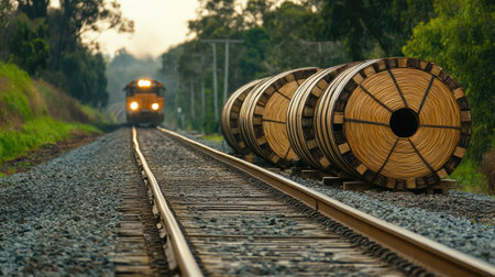 Wooden cable drums beside railway tracks with a moving train in the background.の素材