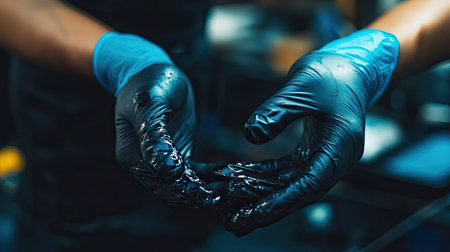 Close-up of hands wearing nitrile gloves, carefully preparing ink while ensuring hygieneの素材