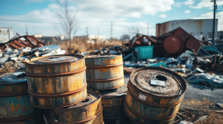 Wooden cable drums stacked in a junkyard with piles of scrap and debris.の素材
