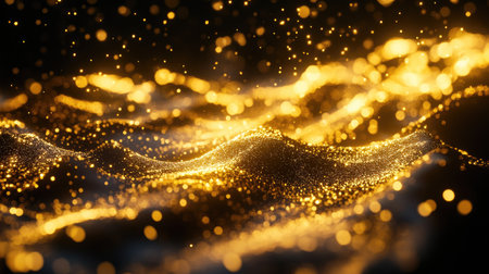 Abstract golden shimmering waves of light flowing across the frame, with soft transitions and depthの素材