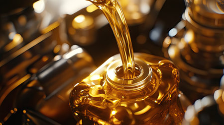 Close-up of golden motor oil being poured smoothly from a bottle into an engineの素材