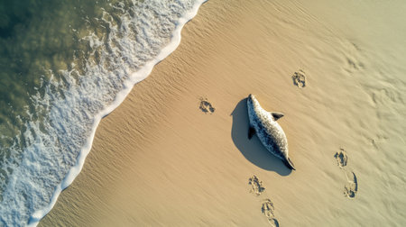 Aerial view of a solitary seal sprawled on a sandy beach, with footprints leading to the oceanの素材