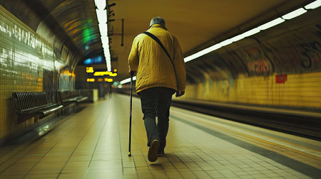 A blind individual walking through a train station, his cane gliding along the floor tilesの素材