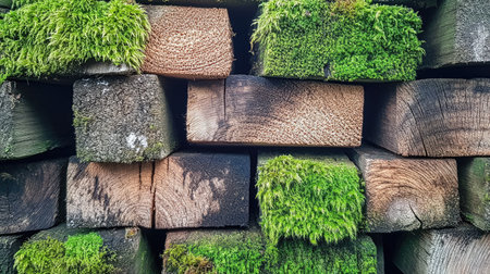 Close-up of weathered sawn wood stacks with moss growing between the planks.の素材