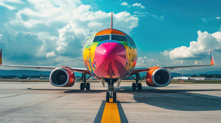 A brightly painted airplane parked at an airport runway, showcasing vibrant colors under a sunny skyの素材