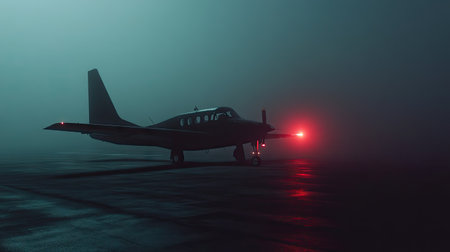 An airplane parked on a foggy runway, with its lights glowing faintly in the misty atmosphereの素材