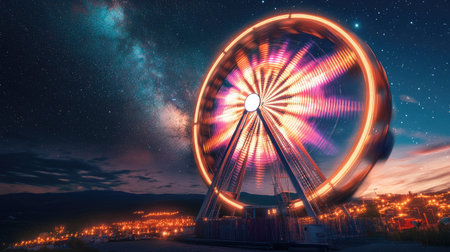 A brightly lit Ferris wheel at night, spinning against a backdrop of a starry sky with glowing city lights belowの素材
