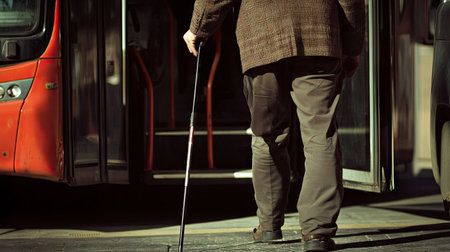 A blind man stepping off a bus, using his walking stick to locate the curbの素材