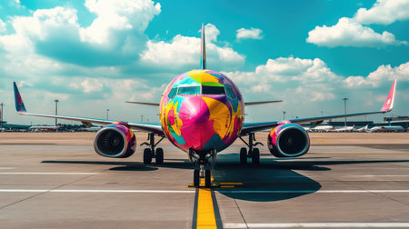 A brightly painted airplane parked at an airport runway, showcasing vibrant colors under a sunny skyの素材