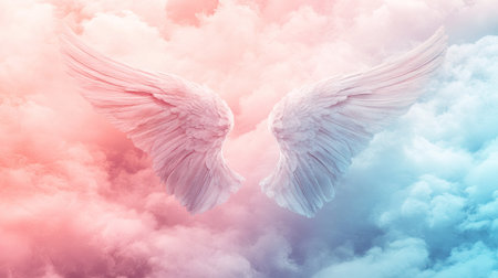 A pair of angel wings resting on a dreamy pastel sky with soft gradients of pink and blueの素材