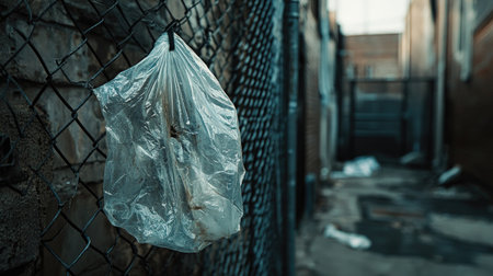 A torn plastic bag hanging from a metal fence in an urban alleywayの素材