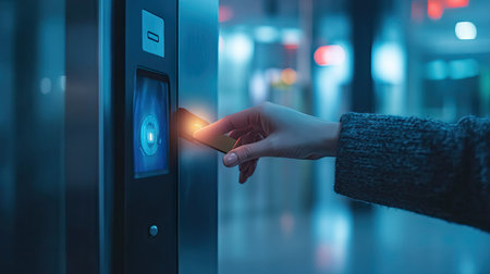 A person tapping a contactless access card on a futuristic security system at an office buildingの素材