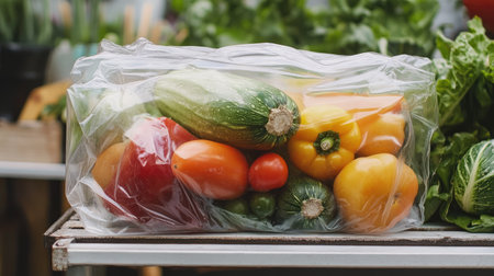 A transparent plastic bag holding assorted vegetables, placed on a farmer's market stallの素材