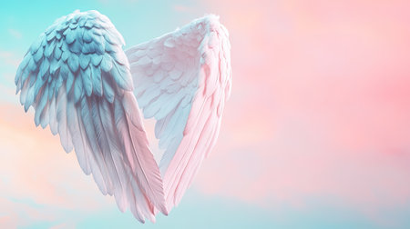 A pair of angel wings resting on a dreamy pastel sky with soft gradients of pink and blueの素材