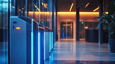 A high-tech card access gate system with glowing LED indicators, installed at an office entranceの素材