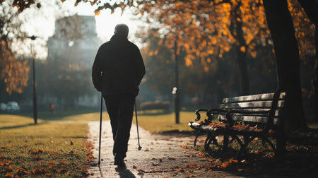 Blind individual walking near a park bench, his cane guiding him along the pathの素材