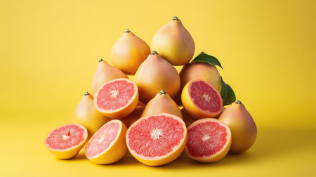 A pile of whole and sliced pomelos arranged symmetrically on a bright, vibrant backgroundの素材