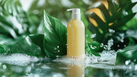 A luxurious shampoo bottle surrounded by bubbles and fresh tropical leaves on a wet surfaceの素材