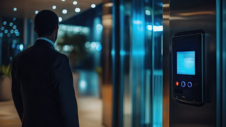 A security guard monitoring the card access gate system on a control panel in an office lobbyの素材