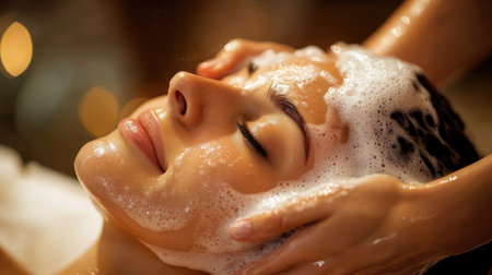 A person enjoying a relaxing shampooing session in a salon, with close-up on foam and scalp massageの素材