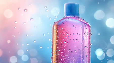 A vibrant shampoo bottle with droplets of water placed on a glassy surface under soft lightの素材
