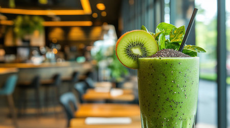 A vibrant kiwi and spinach smoothie garnished with chia seeds, served in a cafe with natural lightの素材