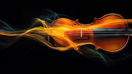 Bow gliding smoothly over the violin strings, with visible vibrations creating a sense of motionの素材