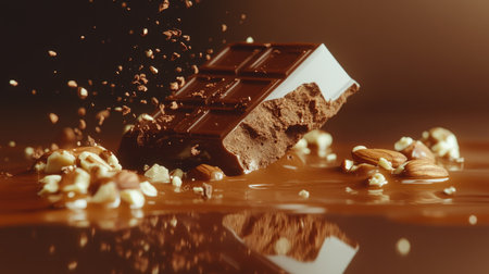 Broken chocolate bar with nuts and caramel, styled elegantly on a mirror-like surface with reflectionsの素材